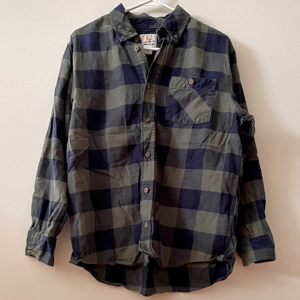 Blue and green plaid flannel button up